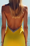 V-Neck Column Satin Yellow A Line Deep Bridesmaid Dress