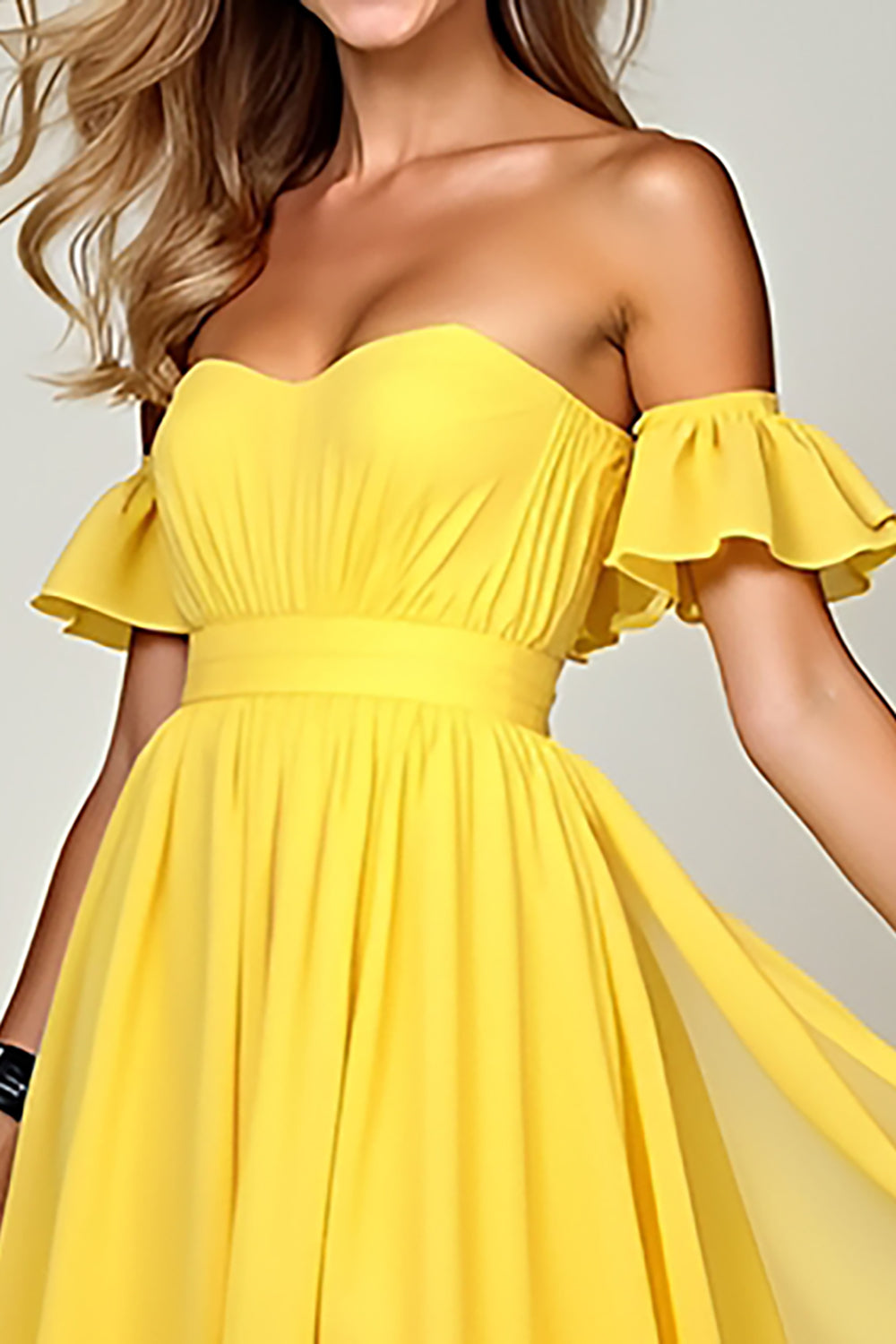 Off the Shoulder Chiffon Yellow A Line Bridesmaid Dress with Ruffles