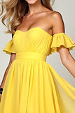 Off the Shoulder Chiffon Yellow A Line Bridesmaid Dress with Ruffles