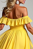 Off the Shoulder Chiffon Yellow A Line Bridesmaid Dress with Ruffles