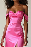 Sheath Fuchsia Off the Shoulder Satin Long Prom Dress with Slit