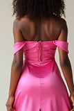 Sheath Fuchsia Off the Shoulder Satin Long Prom Dress with Slit