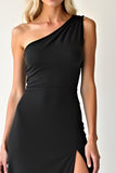 Black One Shoulder Sheath Long Prom Dress with Slit