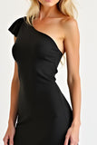 One Shoulder Black Sheath Long Prom Dress with Slit