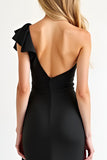One Shoulder Black Sheath Long Prom Dress with Slit