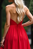 Strapless Red A Line Ruched Long Prom Dress
