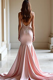 Lace Appliqued Pink Mermaid Satin Long Prom Dress