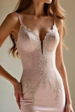 Lace Appliqued Pink Mermaid Satin Long Prom Dress