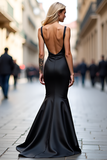 Sheath Black Spaghetti Straps Long Prom Dress