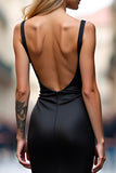 Sheath Black Spaghetti Straps Long Prom Dress