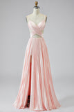 Pleated Pink Spaghetti Straps Long Prom Dress with Slit