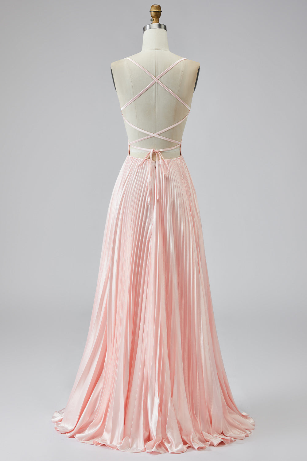 Pleated Pink Spaghetti Straps Long Prom Dress with Slit