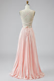 Pleated Pink Spaghetti Straps Long Prom Dress with Slit