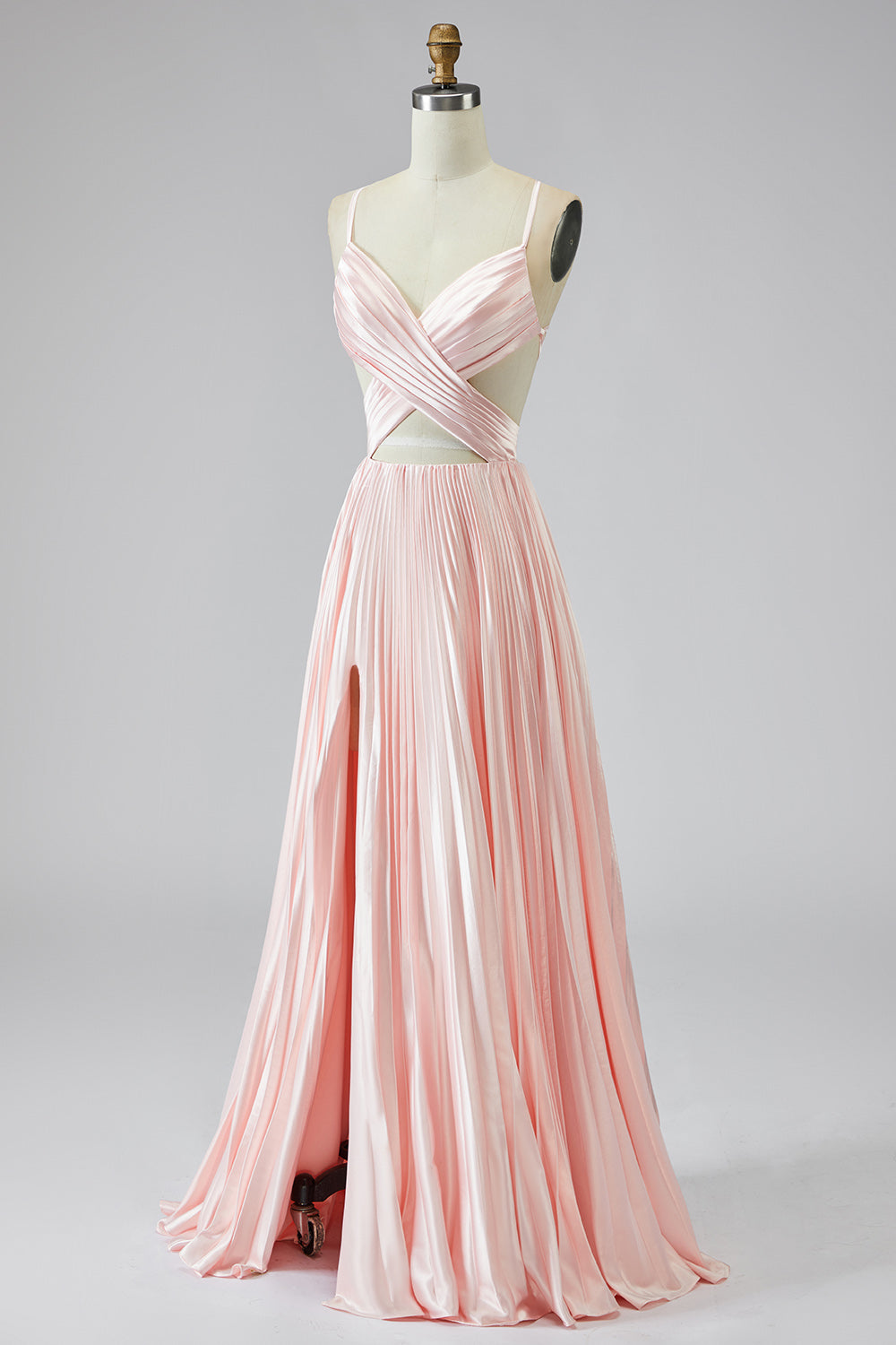 Pleated Pink Spaghetti Straps Long Prom Dress with Slit