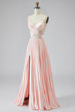 Pleated Pink Spaghetti Straps Long Prom Dress with Slit