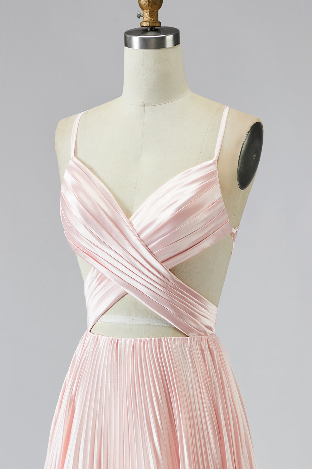 Pleated Pink Spaghetti Straps Long Prom Dress with Slit