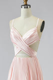 Pleated Pink Spaghetti Straps Long Prom Dress with Slit
