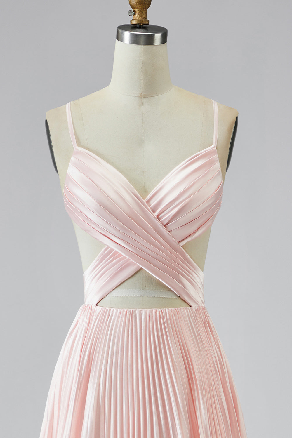 Pleated Pink Spaghetti Straps Long Prom Dress with Slit