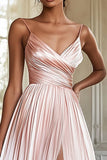 Spaghetti Straps Pink A Line Long Prom Dress with Slit