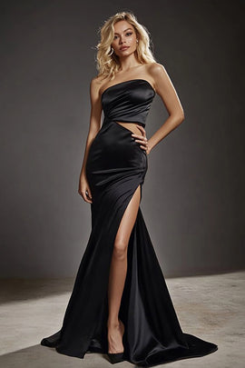 Square Neck Black Sheath Satin Long Prom Dress with Slit
