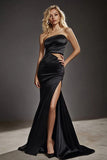 Square Neck Black Sheath Satin Long Prom Dress with Slit