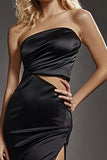 Square Neck Black Sheath Satin Long Prom Dress with Slit