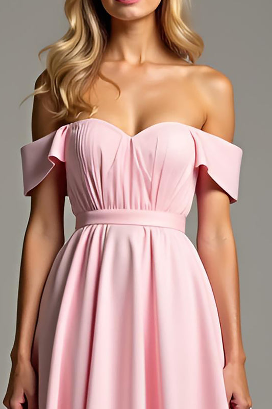 A Line Pink Off the Shoulder Ruched Long Bridesmaid Dress