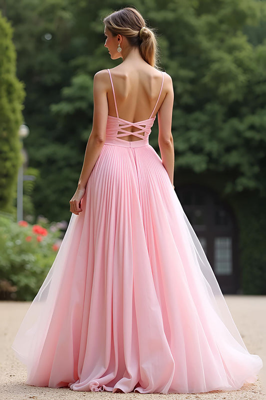 A Line Ruched Pink V-Neck Long Bridesmaid Dress