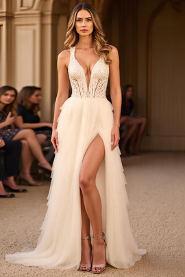 White Deep V-Neck Tiered Long Prom Dress with Slit