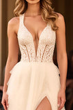 White Deep V-Neck Tiered Long Prom Dress with Slit