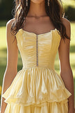 A Line Light Yellow Tiered Strapless Long Prom Dress