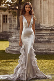 Deep V-Neck Silver Satin Mermaid Long Prom Dress