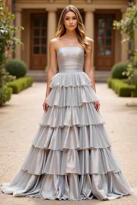 Silver Square Neck A Line Tiered Long Prom Dress