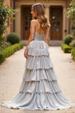 Silver Square Neck A Line Tiered Long Prom Dress