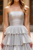 Silver Square Neck A Line Tiered Long Prom Dress