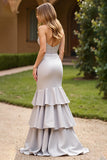 Satin Silver Sweetheart Tiered Long Prom Dress