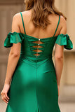 Dark Green Cold Shoulder Satin Long Prom Dress with Slit