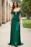 Sheath Dark Green Off the Shoulder Satin Long Prom Dress