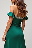 Sheath Dark Green Off the Shoulder Satin Long Prom Dress