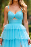 A Line Blue Spaghetti Straps Tiered Long Prom Dress with Slit