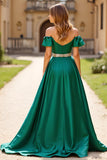A Line Dark Green Off the Shoulder Long Prom Dress with Slit