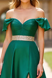 A Line Dark Green Off the Shoulder Long Prom Dress with Slit