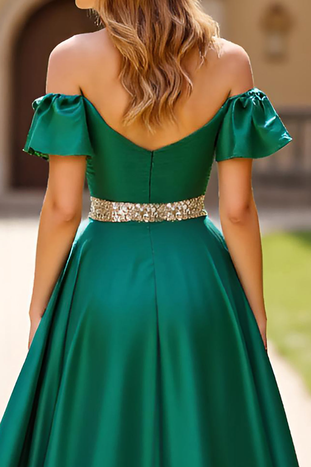 A Line Dark Green Off the Shoulder Long Prom Dress with Slit