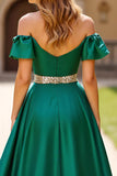 A Line Dark Green Off the Shoulder Long Prom Dress with Slit