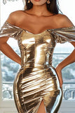 Metallic Satin Gold Off the Shoulder Long Prom Dress with Slit