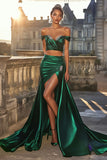 Satin Dark Green Off the Shoulder Long Prom Dress with Slit