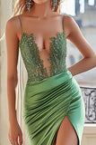 Spaghetti Straps Green Satin Ruched Long Prom Dress with Slit