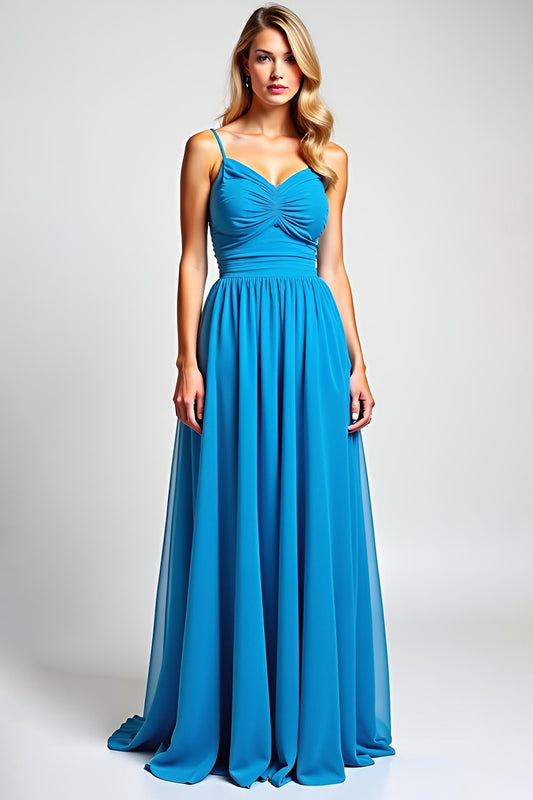 A Line Blue Spaghetti Straps Chiffon Long Bridesmaid Dress
