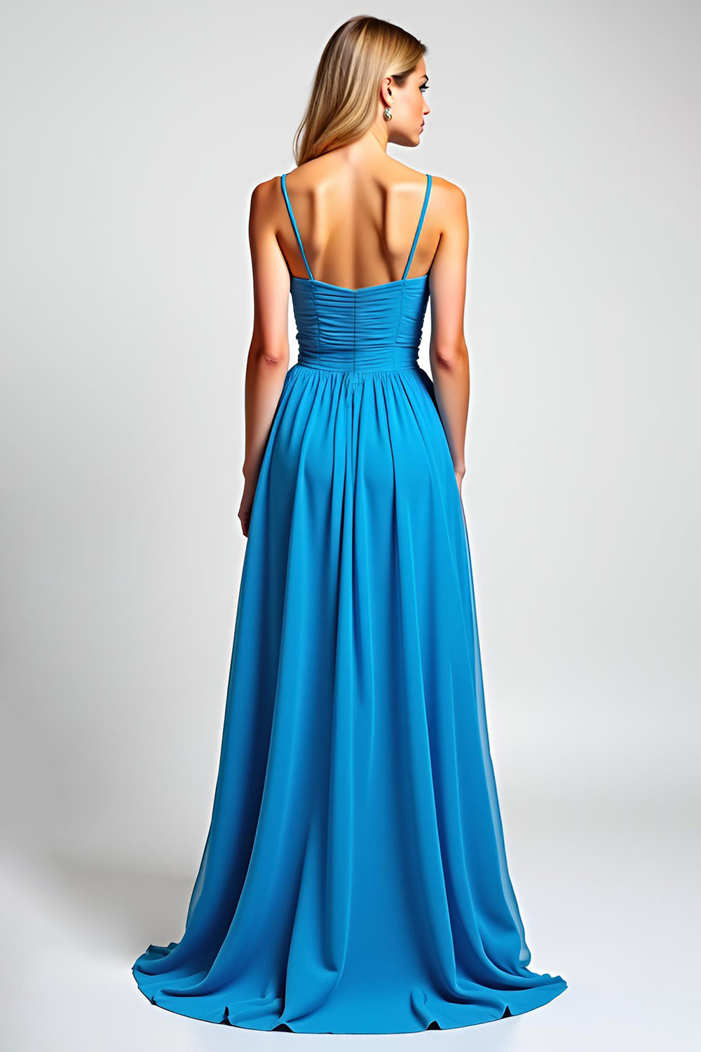 A Line Blue Spaghetti Straps Chiffon Long Bridesmaid Dress