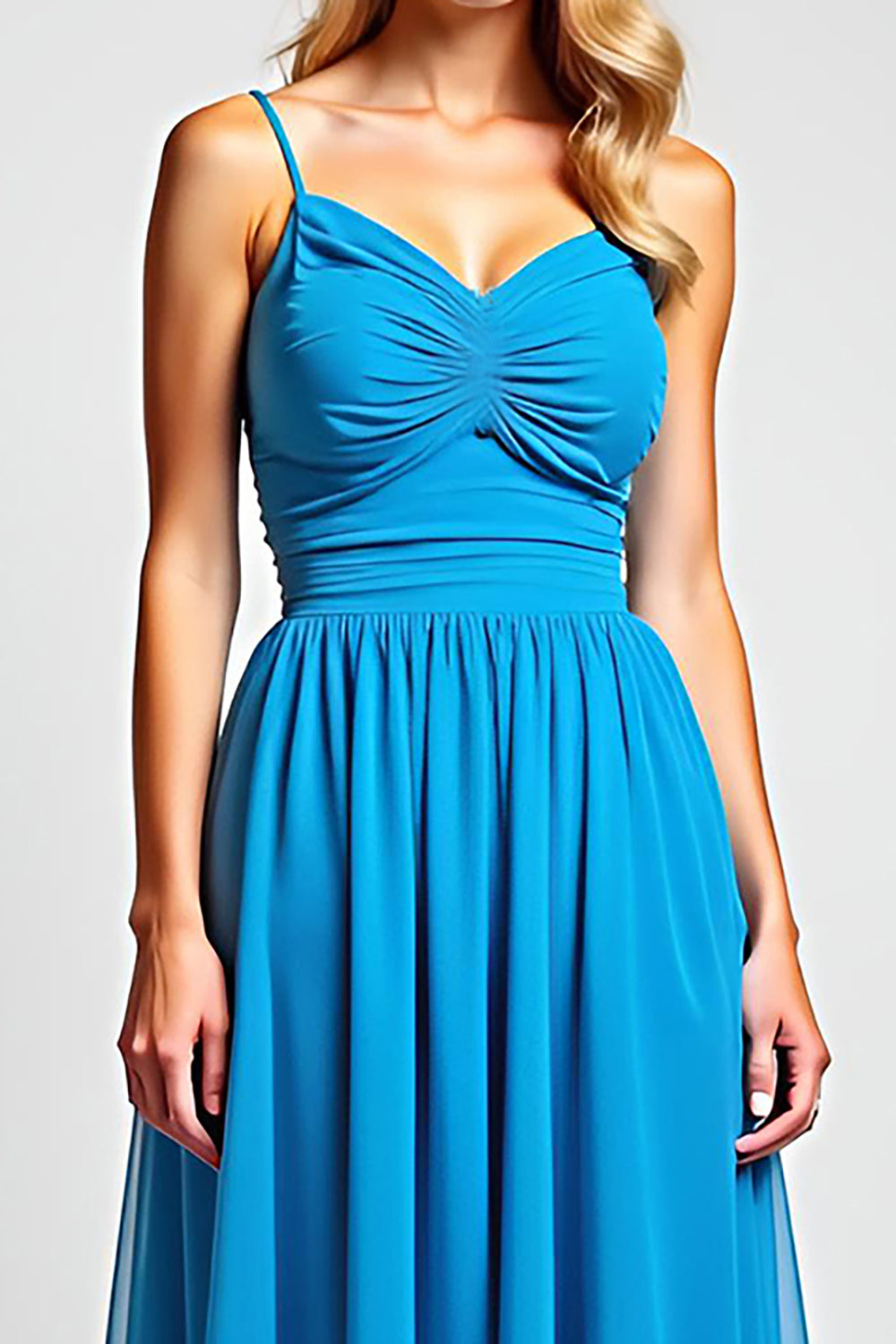 A Line Blue Spaghetti Straps Chiffon Long Bridesmaid Dress